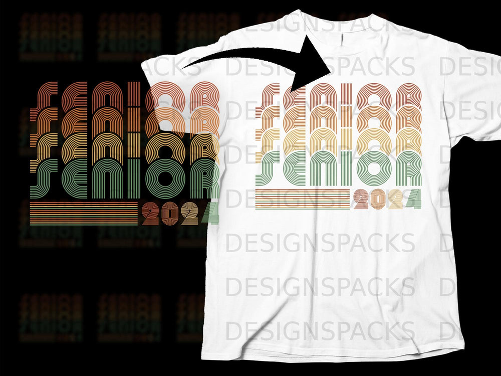 Retro "Senior 2024" text with arched lines and stripes on a white t-shirt.