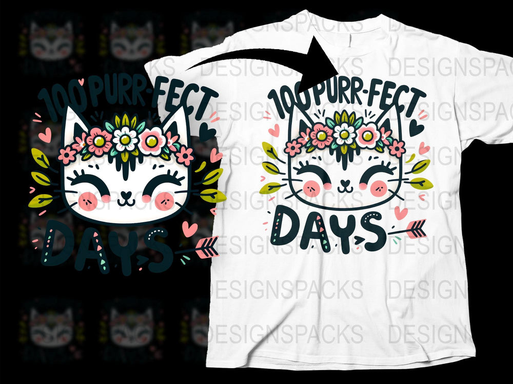 Cute Cat T-Shirt, 100 Purrfect Days, Floral Cat Design, Kids and Adults Casual Wear