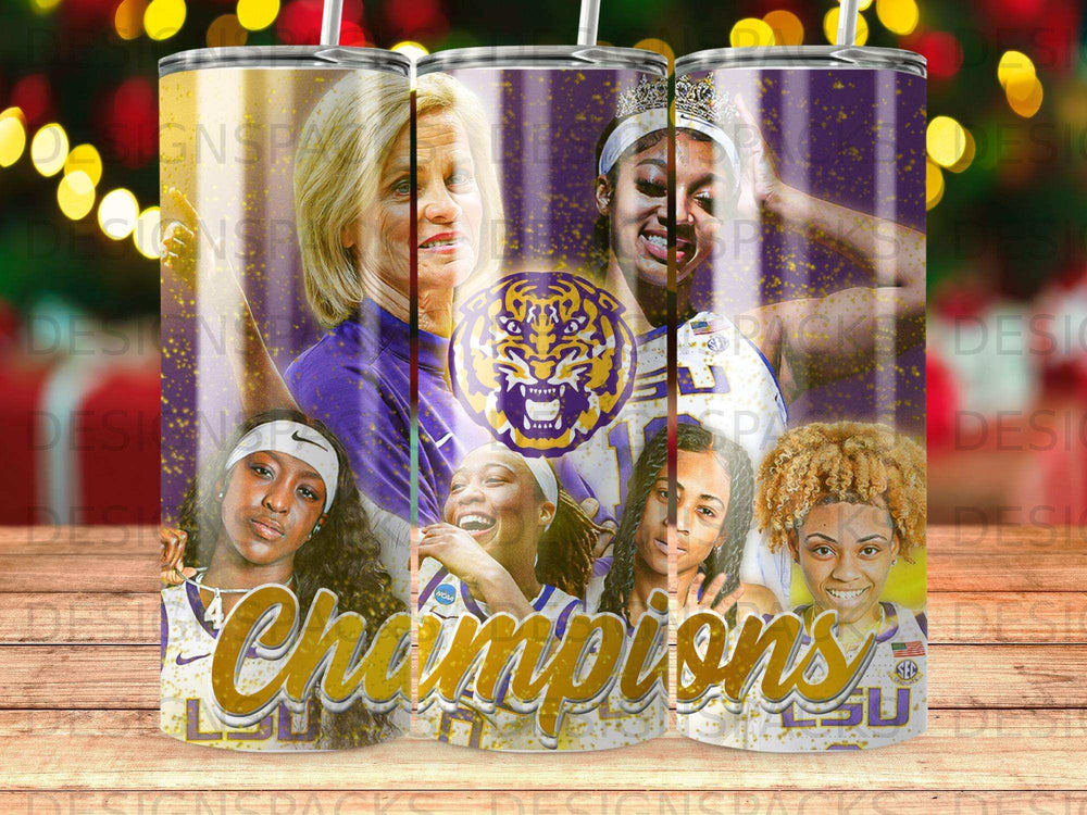LSU Tigers women's basketball team celebrates championship with "Champions" text.