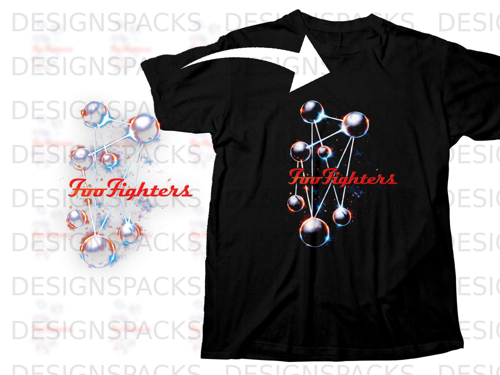 Black t-shirt with a Foo Fighters logo featuring spherical objects connected by lines.