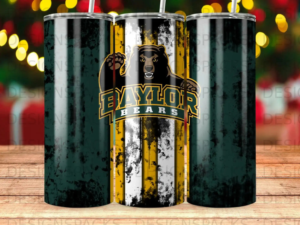 Baylor Bears logo on a green, yellow, and white striped tumbler.