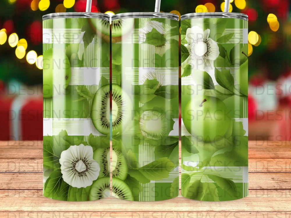 Green plaid tumbler with kiwi slices and white flowers.
