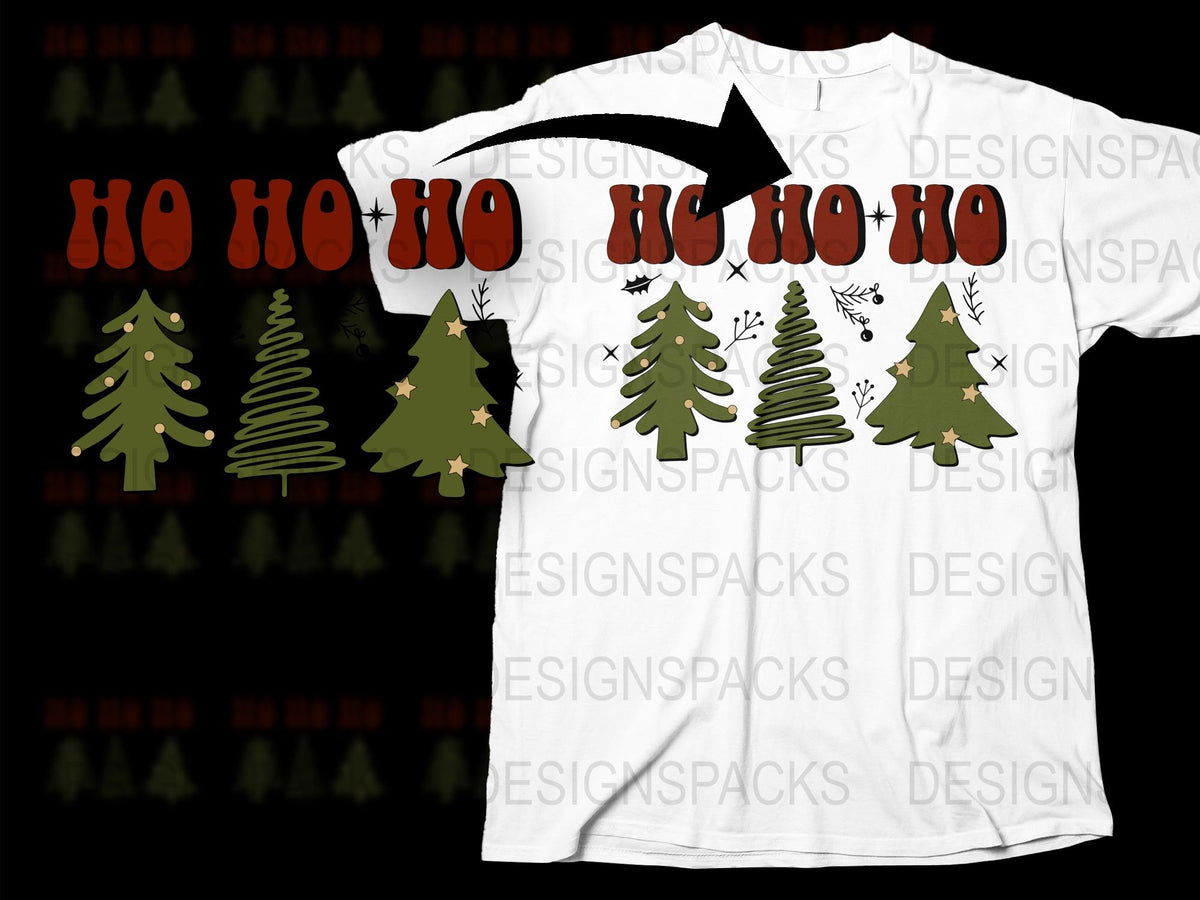 Festive Christmas T-Shirt Ho Ho Ho Text with Tree Designs, Holiday Apparel, Unisex White Tee for Xmas Party