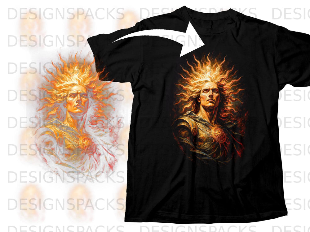 Black t-shirt featuring artwork of a man with fiery hair and ornate chestplate.