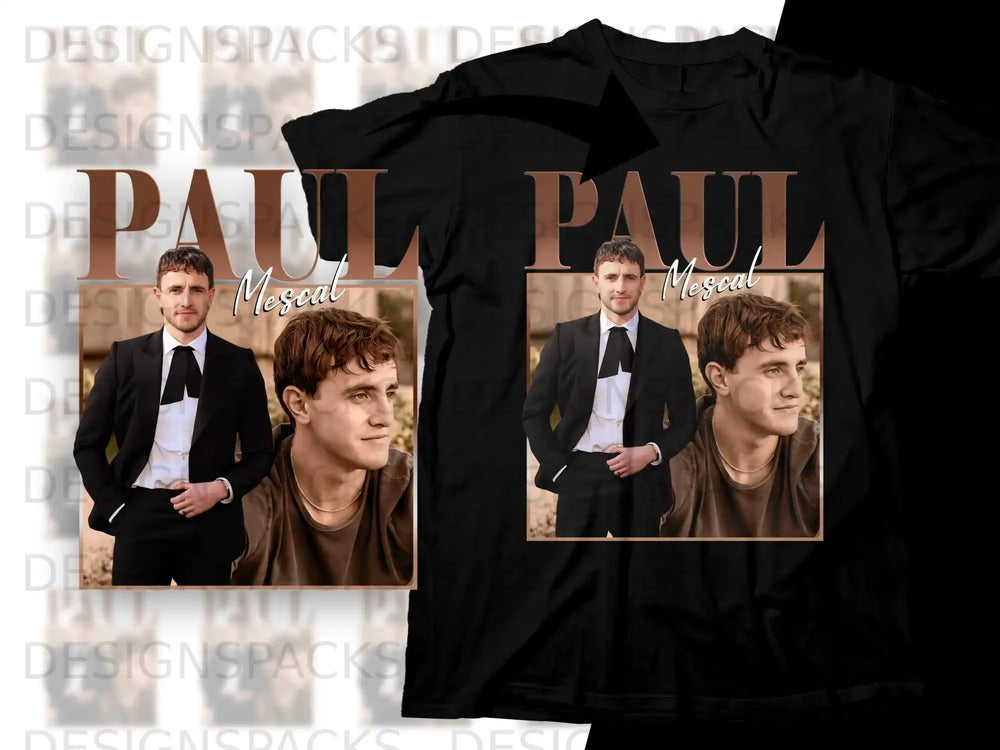 Paul Mescal t-shirt design with two framed portraits of the actor.