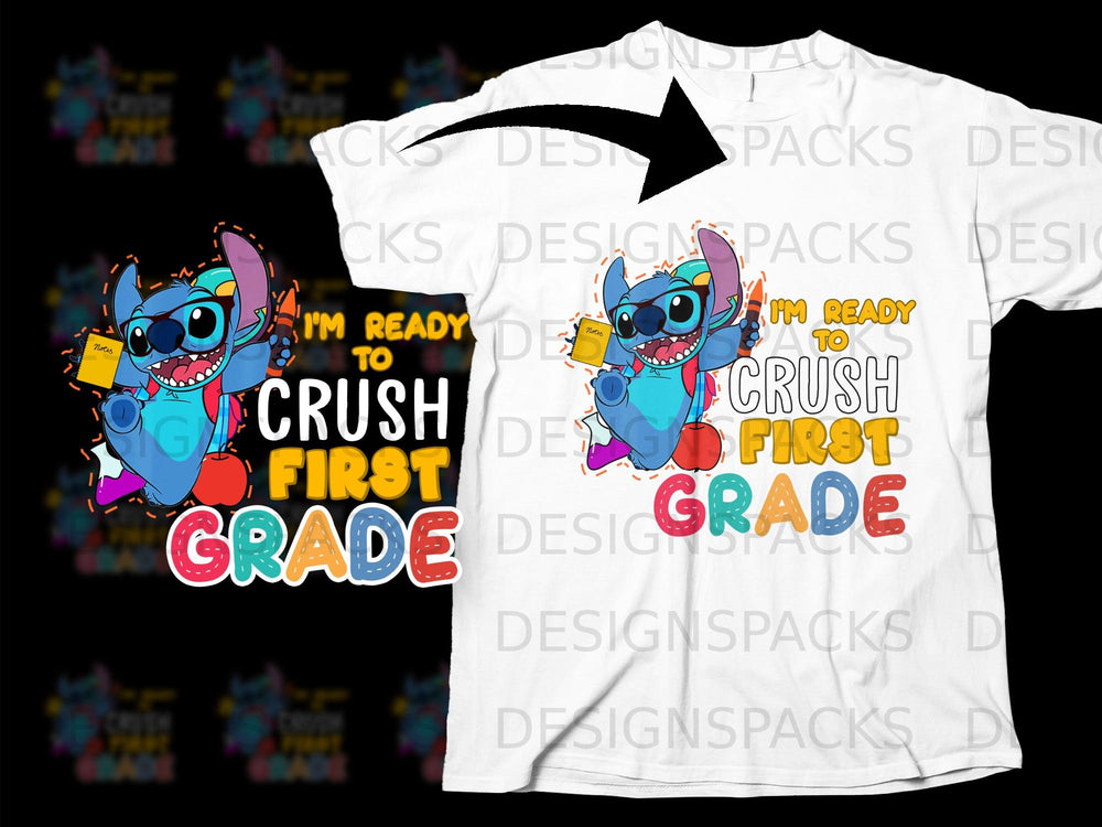 Stitch holding crayon and notes, ready to crush first grade.