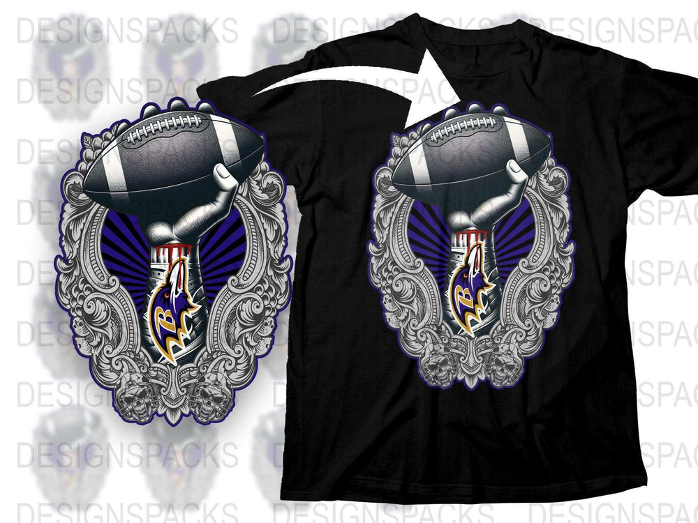 Graphic Football T-Shirt, Bold Raven Design, Men's Sports Tee, Black and Silver Shirt