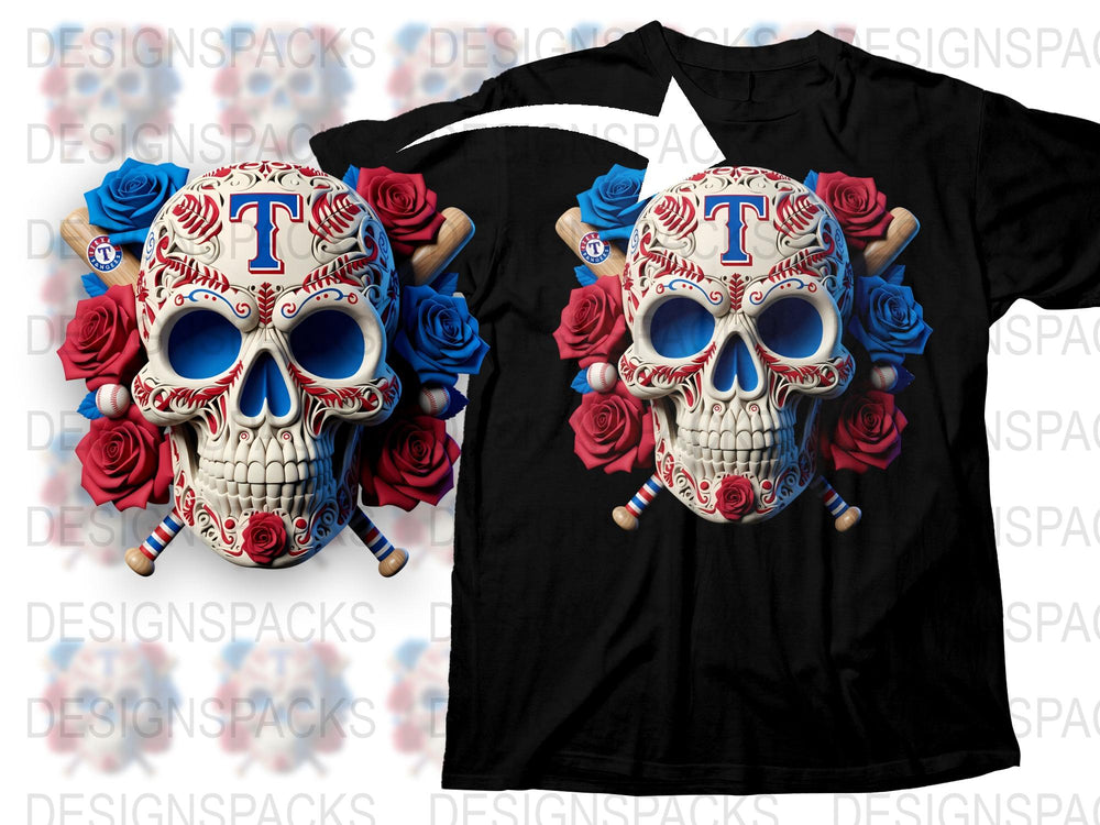 Texas Rangers Skull T-Shirt, Baseball Floral Sugar Skull, Sports Team Fan Apparel, Unique Graphic Tee, Gift for Baseball Lovers