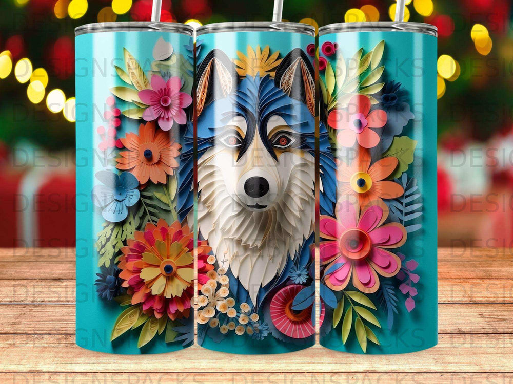 Blue and white wolf head with colorful flowers on a teal striped tumbler.