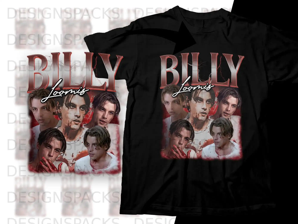 Billy Loomis collage on black t-shirt.