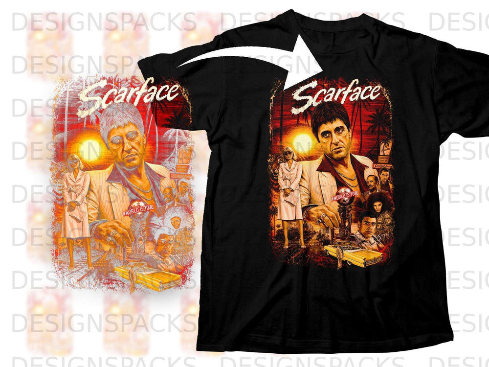 Black t-shirt featuring a Scarface movie graphic with Tony Montana and other characters.
