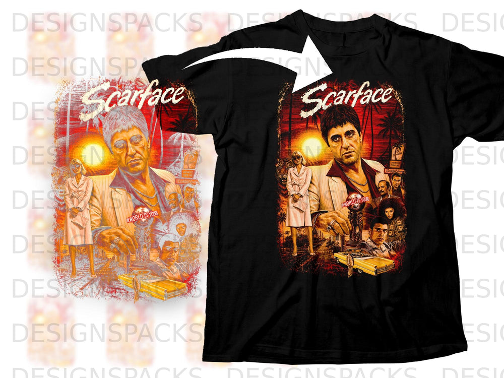 Black t-shirt featuring a Scarface movie graphic with Tony Montana and other characters.