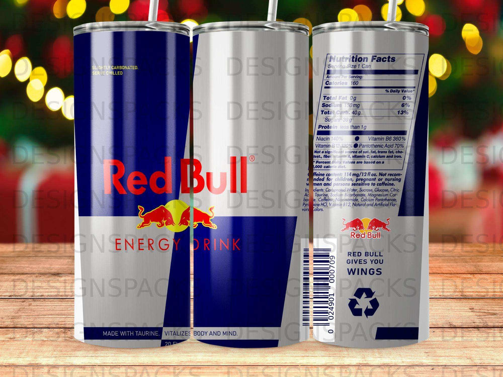 Red Bull energy drink can with nutritional information and slogan.