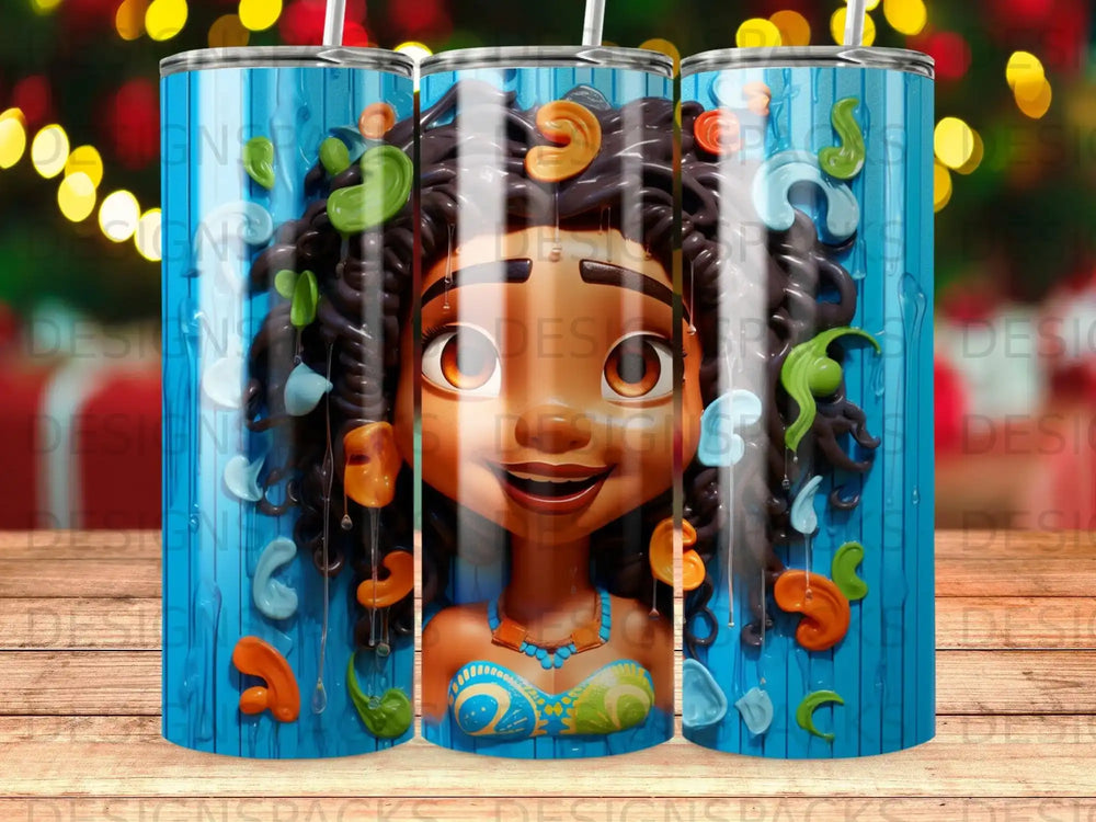 Moana character illustration on a blue textured background with colorful decorative elements.