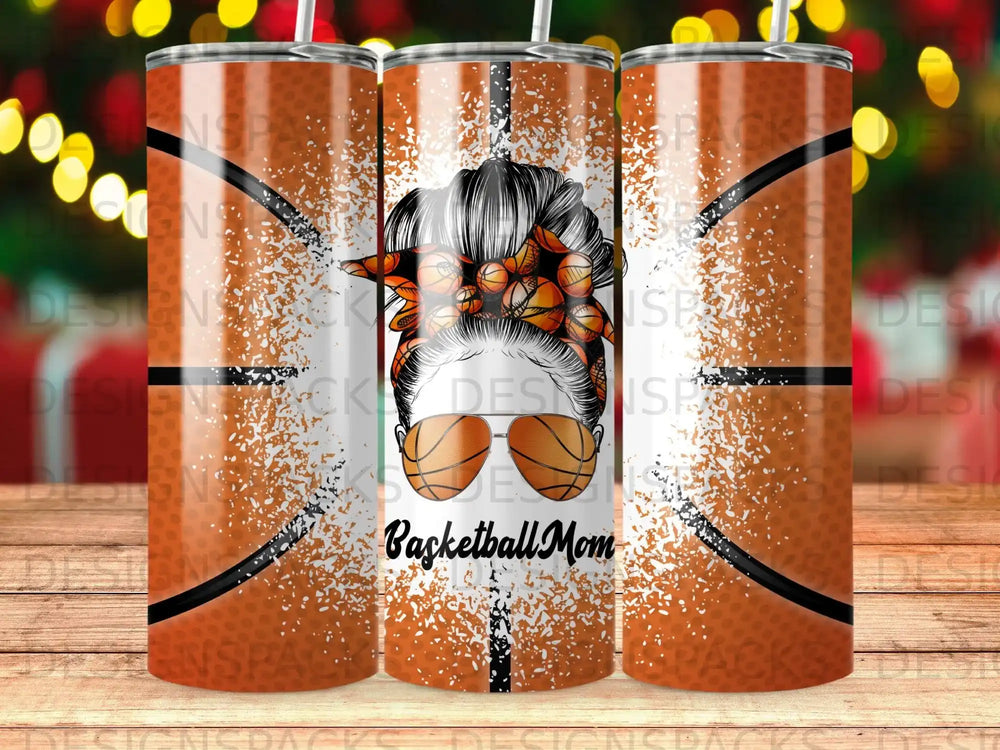 Basketball Mom tumbler with a distressed basketball pattern and messy bun graphic.