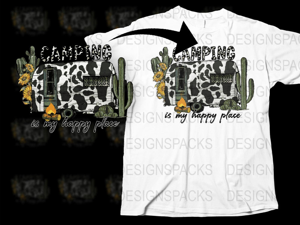 Camping Graphic T-Shirt, Cow Print Cactus and Sunflower Design, Happy Place Slogan Tee, Nature Lover Gift, Unisex Fashion Shirt
