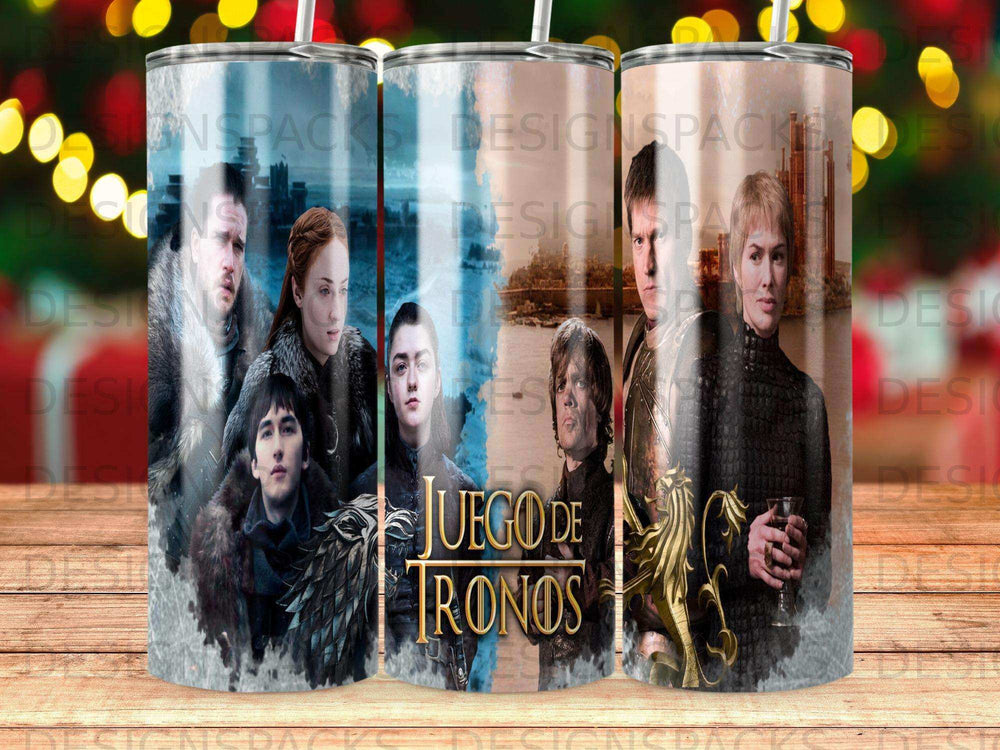 Game of Thrones characters on a tumbler with "Juego de Tronos" text.