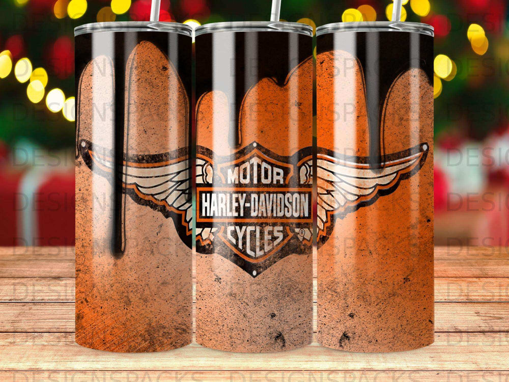 Harley-Davidson Motorcycles logo with dripping orange effect on tumbler.