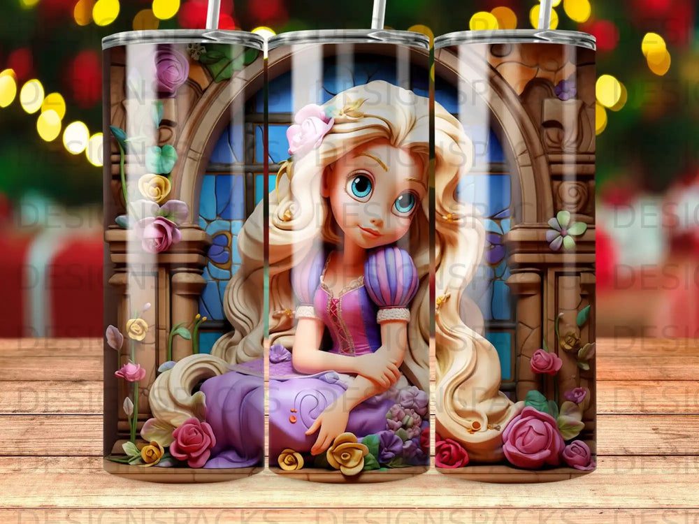 Rapunzel in her purple dress sitting in a window arch with flowers.