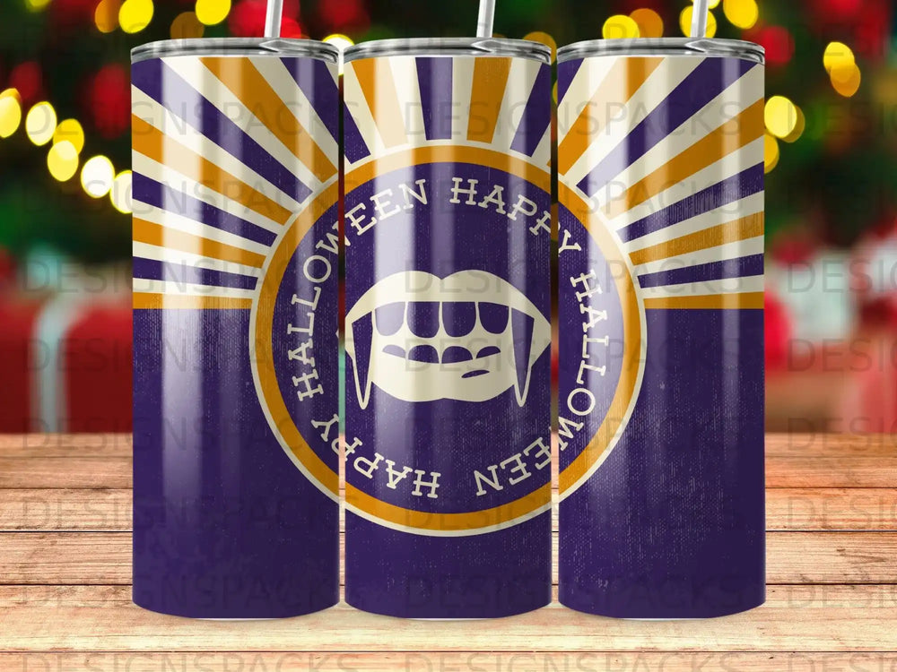 Halloween tumbler with fangs and "Happy Halloween" text.