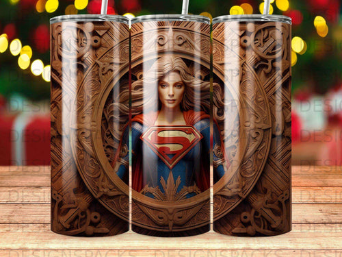 Superman logo on woman in costume, framed by carved wood.