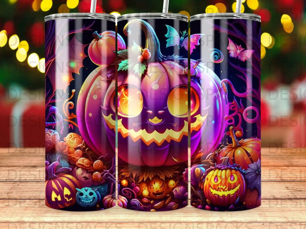 Purple pumpkin with spooky faces surrounded by Halloween imagery.