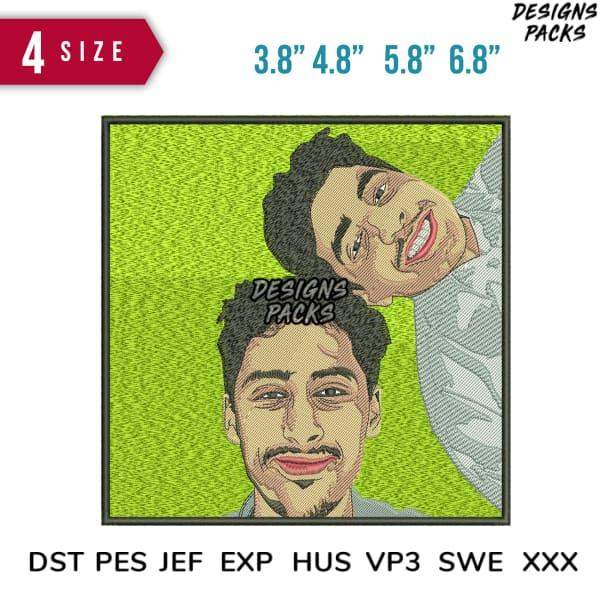 Embroidery design of two smiling men, available in 4 sizes & multiple formats like DST, PES, JEF