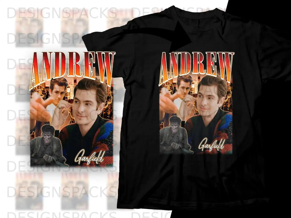 Andrew Garfield t-shirt design with character collage and name.