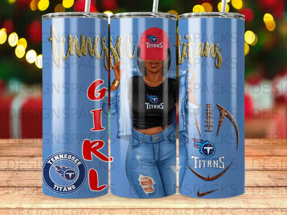 Tennessee Titans themed tumbler with a woman wearing Titans apparel.