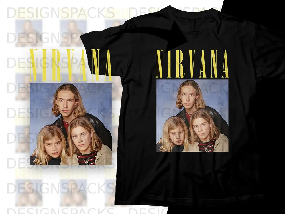 Nirvana logo and band members graphic on black t-shirt.