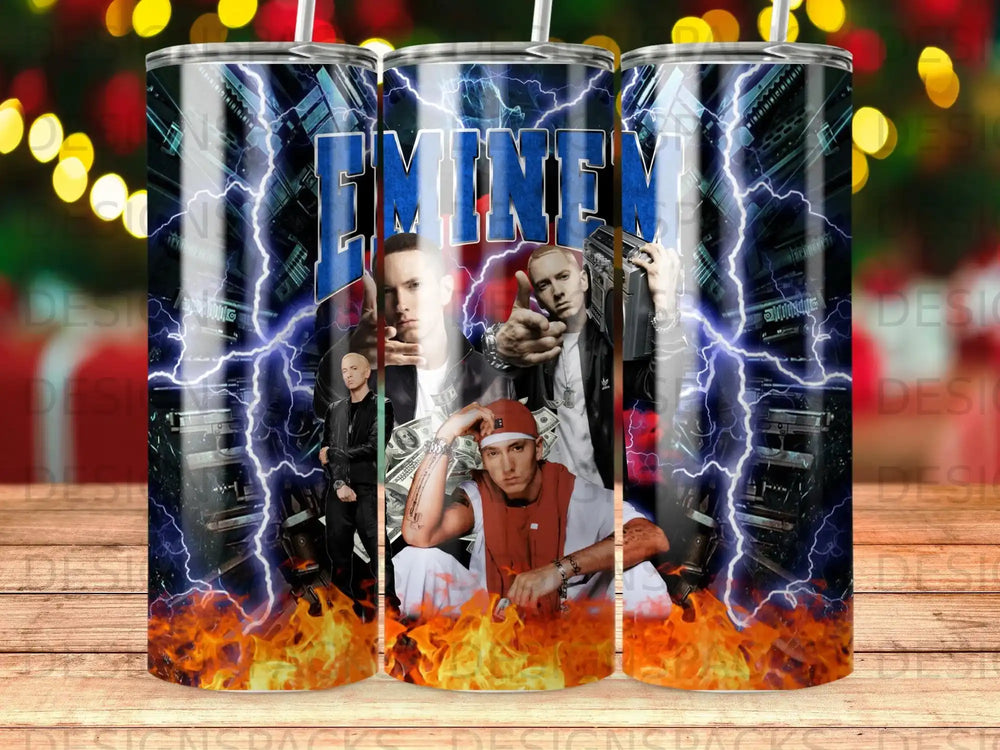 Eminem with flames and lightning on a tumbler.