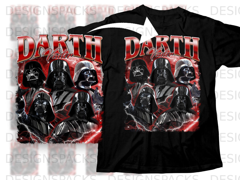 Darth Vader graphic with multiple helmets on a black t-shirt.