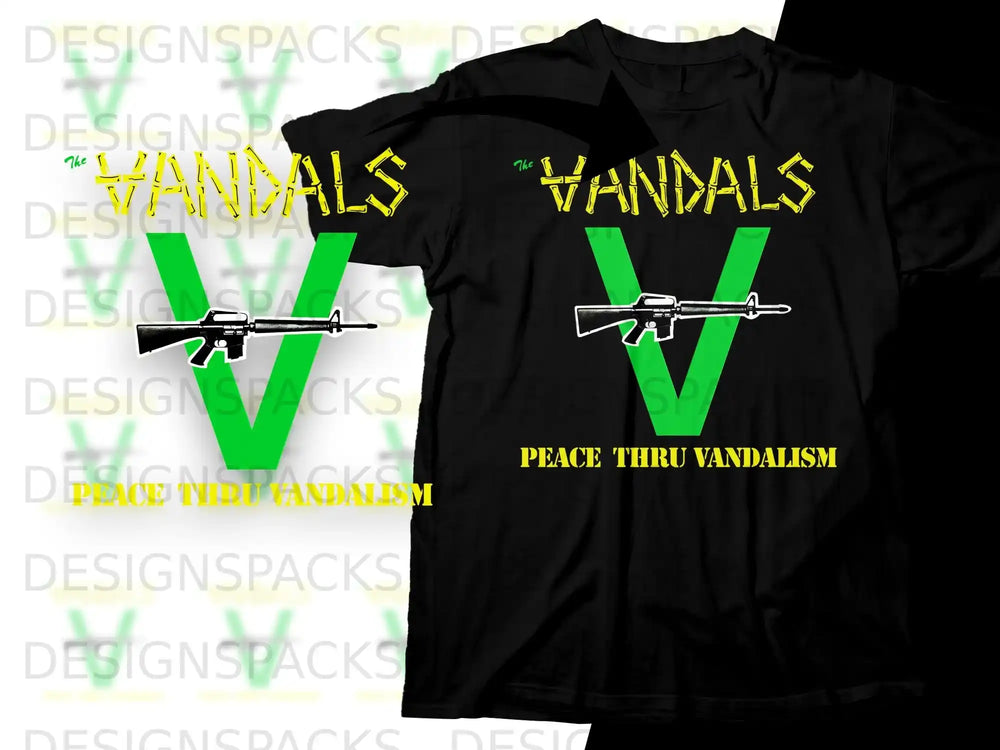 Black t-shirt with "The Vandals" logo and "Peace Thru Vandalism" text.