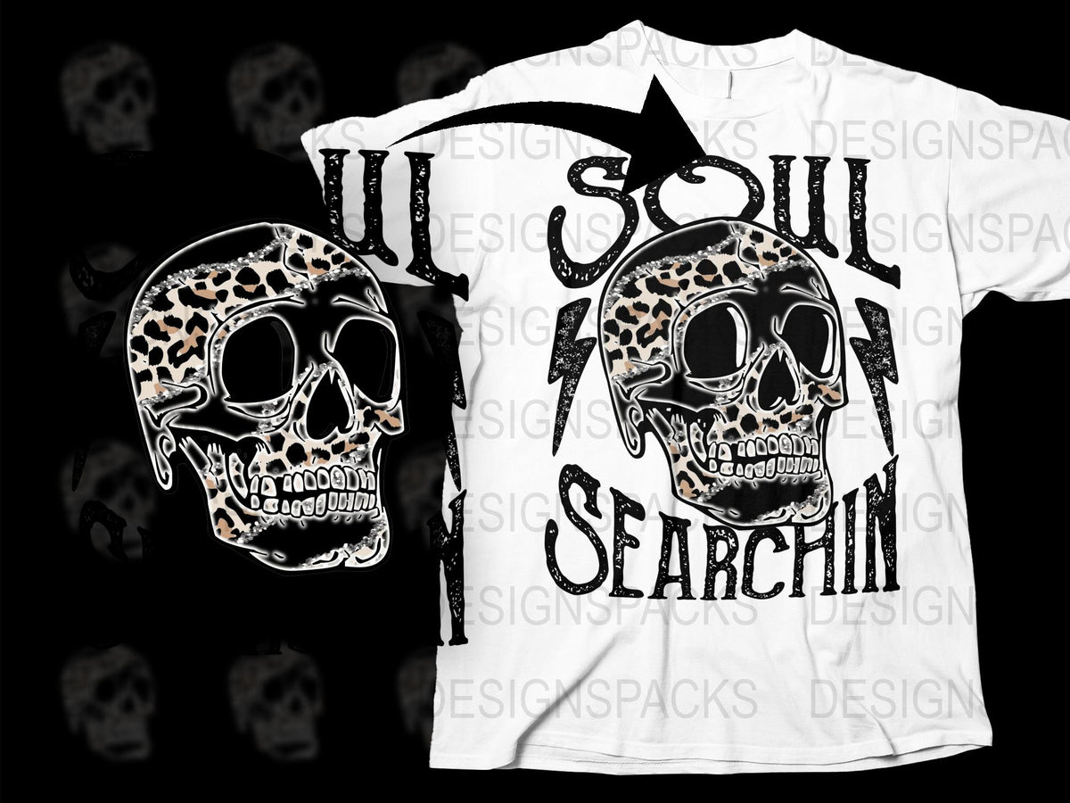 Soul Searching Skull Graphic T-Shirt, Leopard Print, Unique Artistic Statement Tee, Unisex Fashion