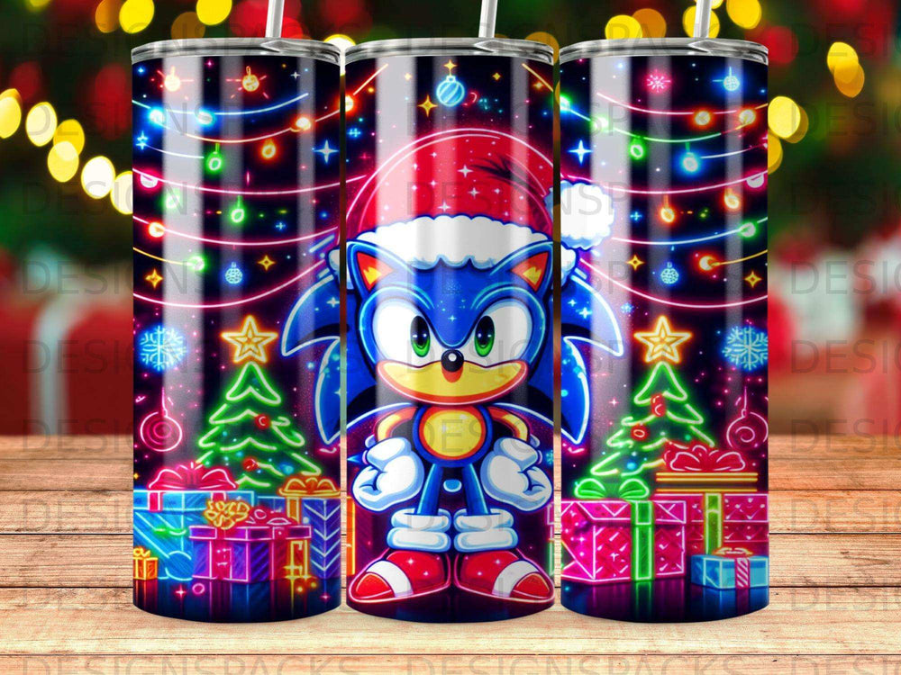 Sonic the Hedgehog in a Santa hat with Christmas lights and presents.