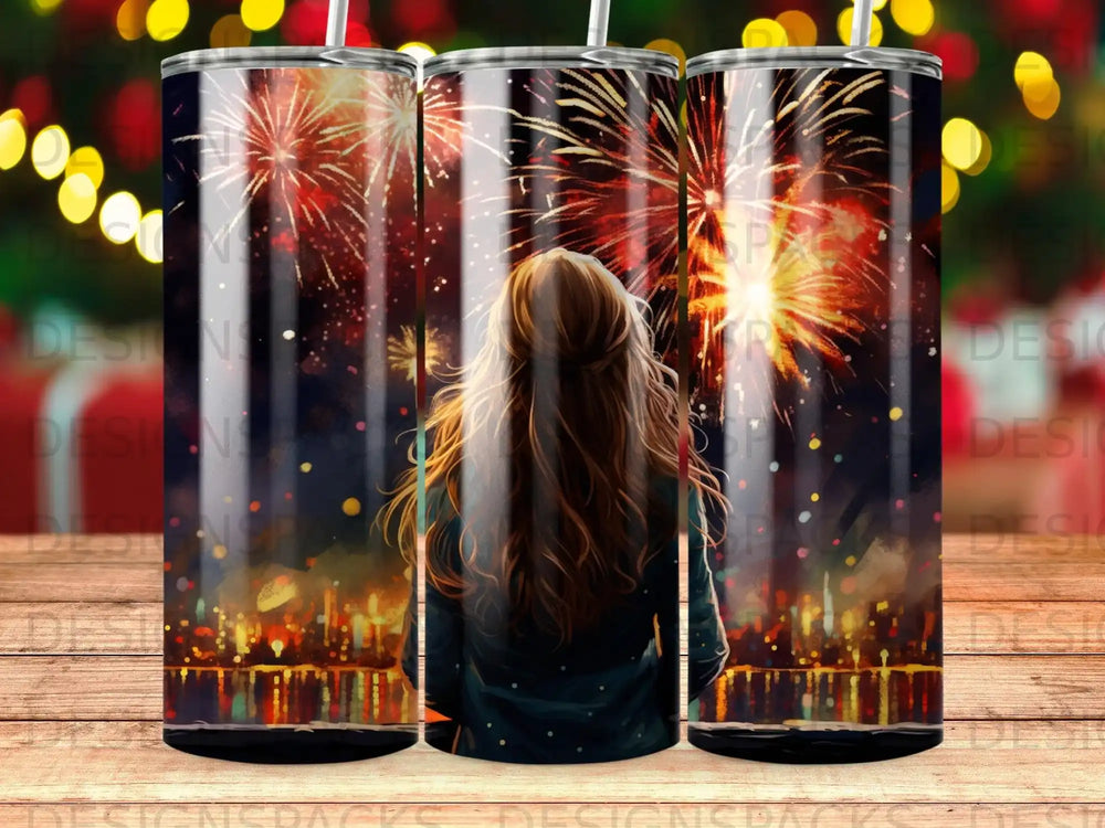 Woman watches fireworks over city skyline.