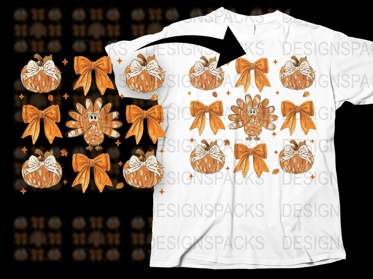 Autumn Pumpkin Bow Clipart, Thanksgiving T-shirt Design, Fall Season Digital Graphics, Orange Bow Pattern Tee, Festive Wear Illustration