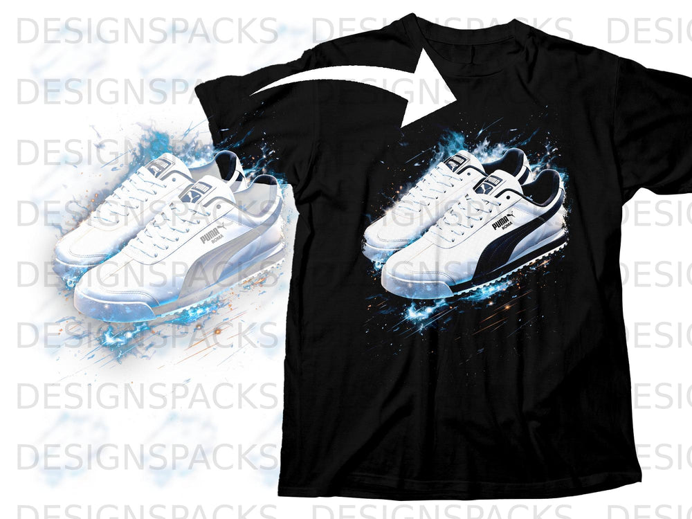 Black t-shirt featuring a graphic of two white Puma Roma sneakers with blue and orange accents.