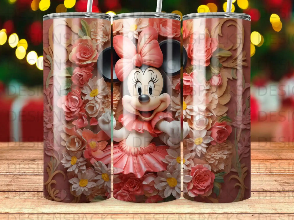 Minnie Mouse surrounded by pink and red flowers on a patterned tumbler.