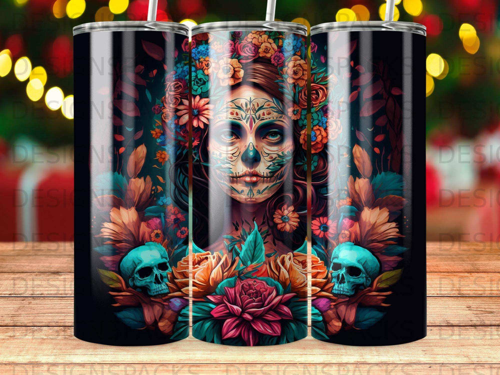 Day of the Dead skull makeup woman with floral accents and skulls.