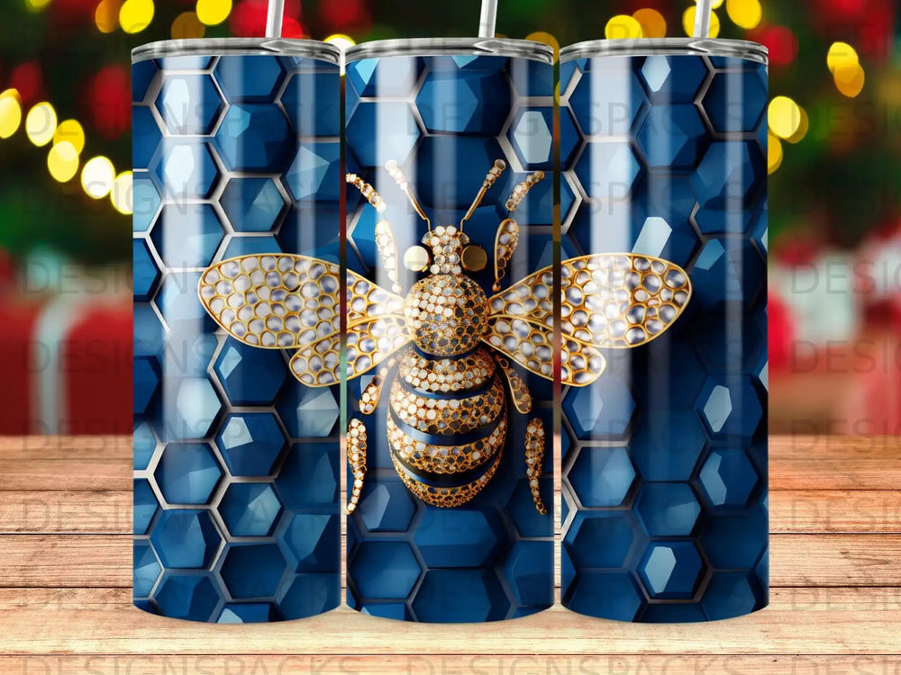 Bee with jewel-covered wings on a hexagonal blue background.