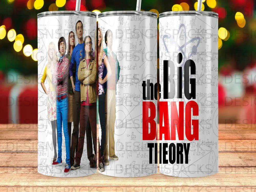 The Big Bang Theory logo with the cast on a tumbler background.