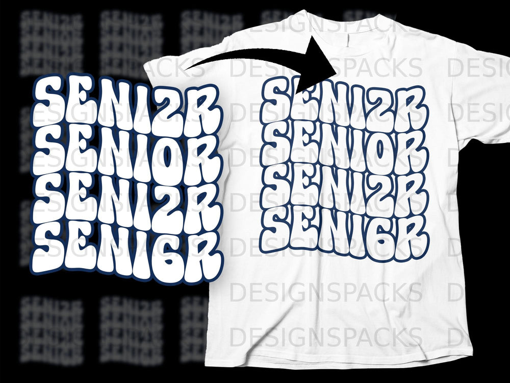 White t-shirt with the words "SENIOR" repeated in a dark blue bubbly font.