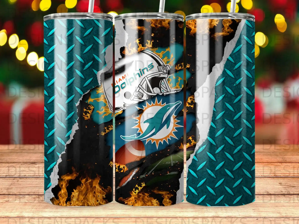 Miami Dolphins logo and helmet design on a textured tumbler with flames.