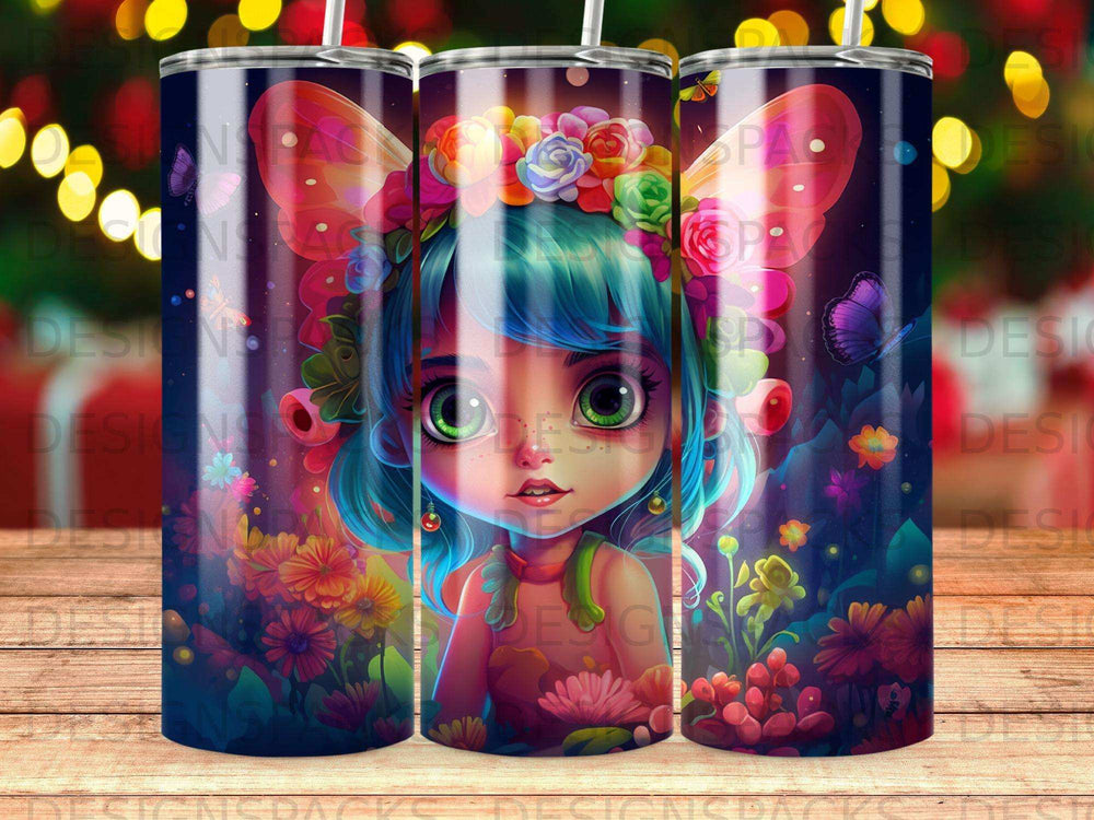 Fairy with colorful flowers and wings, digital art.
