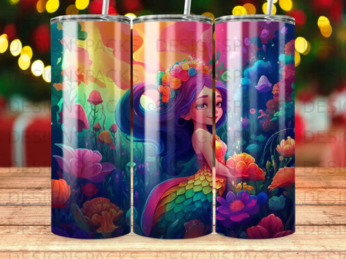 Fantasy mermaid with colorful hair in a vibrant underwater garden.
