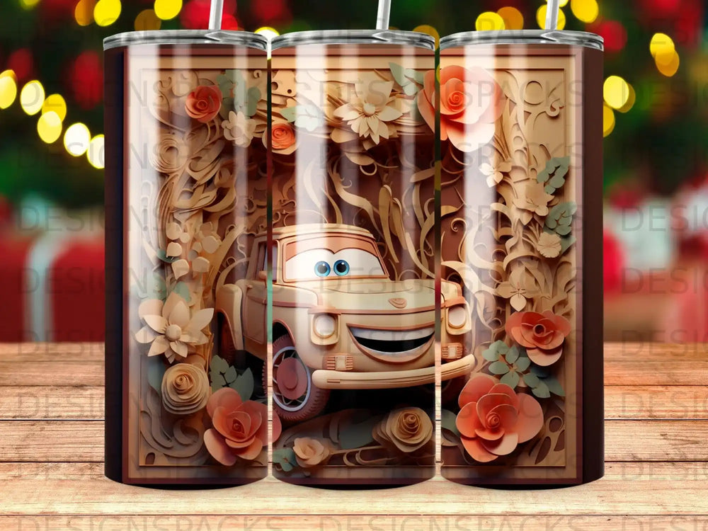 Smiling cartoon car character surrounded by papercraft flowers and leaves.