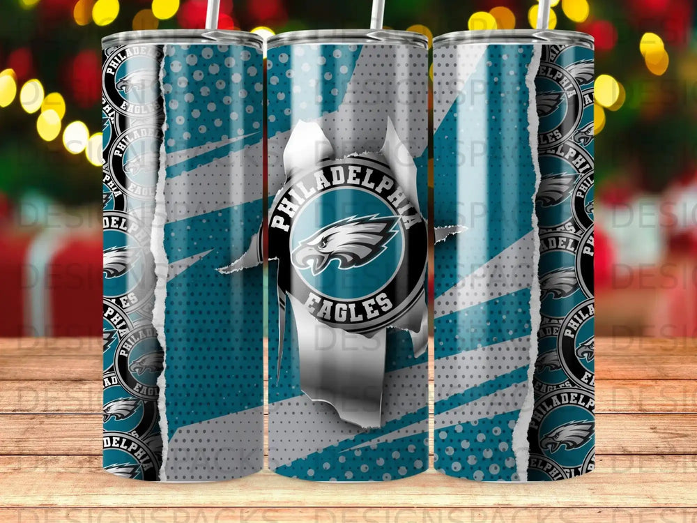 Philadelphia Eagles logo on a torn-effect tumbler.