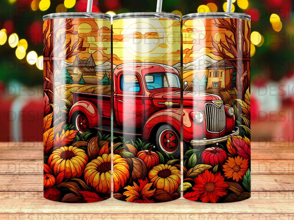 Red vintage pickup truck with pumpkins and autumn foliage.