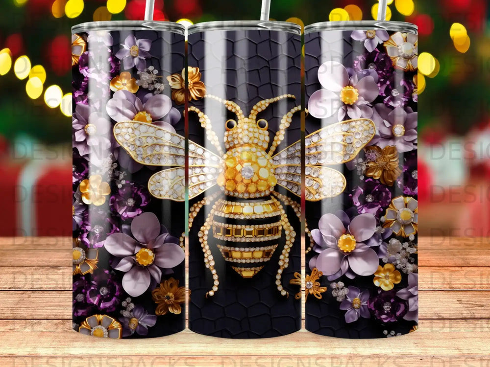 Golden bee with floral accents on a textured black background.